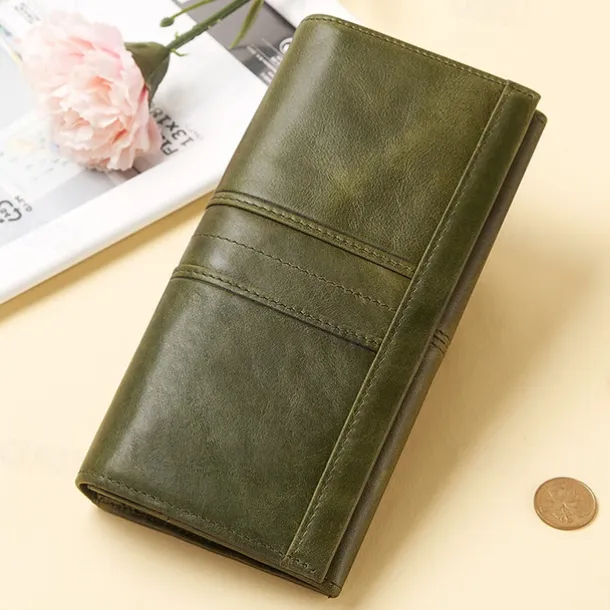 Women's Vintage Red Leather RFID-Blocking Wallet - Multi-Compartment Clutch with Card Slots, Coin Pocket, and ID Window for Everyday and Travel Use