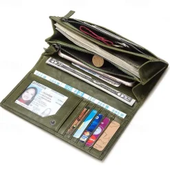 Women's Vintage Red Leather RFID-Blocking Wallet - Multi-Compartment Clutch with Card Slots, Coin Pocket, and ID Window for Everyday and Travel Use