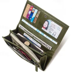 Women's Vintage Red Leather RFID-Blocking Wallet - Multi-Compartment Clutch with Card Slots, Coin Pocket, and ID Window for Everyday and Travel Use