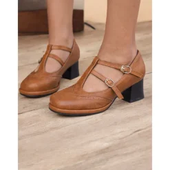 Women's Vintage Red Mary Jane Heels – Double Buckle Strap, Retro Block Heel, Perfect for Formal and Casual Occasions