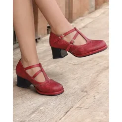 Women's Vintage Red Mary Jane Heels – Double Buckle Strap, Retro Block Heel, Perfect for Formal and Casual Occasions