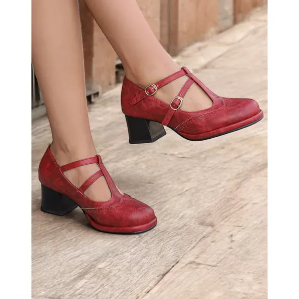 Women's Vintage Red Mary Jane Heels – Double Buckle Strap, Retro Block Heel, Perfect for Formal and Casual Occasions