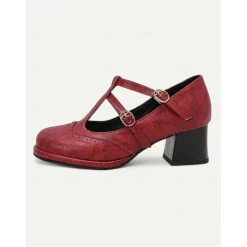 Women's Vintage Red Mary Jane Heels – Double Buckle Strap, Retro Block Heel, Perfect for Formal and Casual Occasions