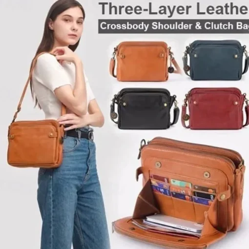 Women's Vintage Three-Layer Leather Crossbody Shoulder & Clutch Bag – Multi-Compartment Design for Casual, Work, and Travel Use