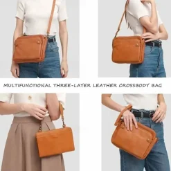 Women's Vintage Three-Layer Leather Crossbody Shoulder & Clutch Bag – Multi-Compartment Design for Casual, Work, and Travel Use