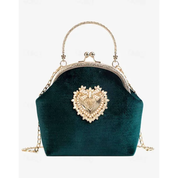 Women's Vintage Velvet Handbag with Gold Heart Embellishment and Chain Strap, Elegant Evening Purse for Formal Events and Parties