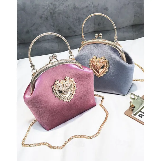 Women's Vintage Velvet Handbag with Gold Heart Embellishment and Chain Strap, Elegant Evening Purse for Formal Events and Parties