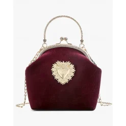 Women's Vintage Velvet Handbag with Gold Heart Embellishment and Chain Strap, Elegant Evening Purse for Formal Events and Parties