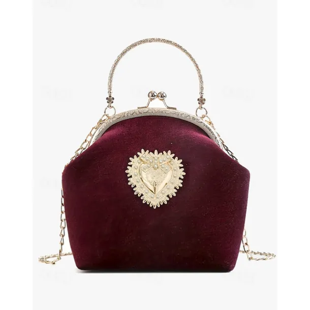 Women's Vintage Velvet Handbag with Gold Heart Embellishment and Chain Strap, Elegant Evening Purse for Formal Events and Parties