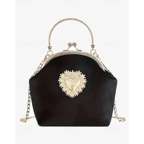 Women's Vintage Velvet Handbag with Gold Heart Embellishment and Chain Strap, Elegant Evening Purse for Formal Events and Parties