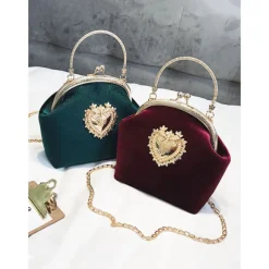 Women's Vintage Velvet Handbag with Gold Heart Embellishment and Chain Strap, Elegant Evening Purse for Formal Events and Parties