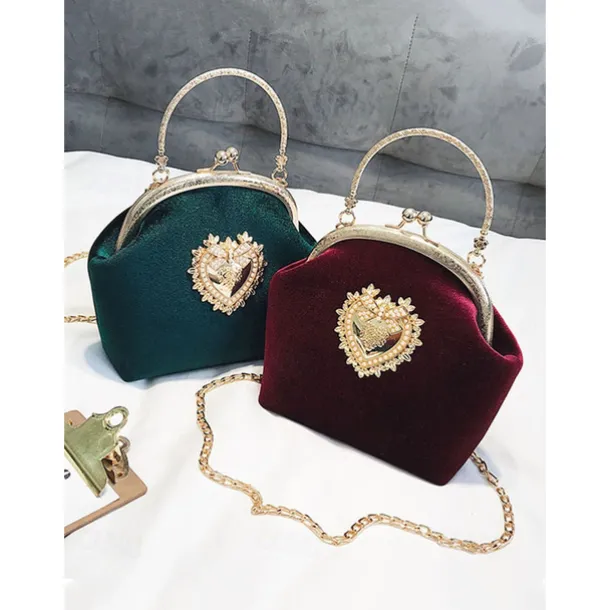 Women's Vintage Velvet Handbag with Gold Heart Embellishment and Chain Strap, Elegant Evening Purse for Formal Events and Parties
