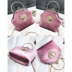 Women's Vintage Velvet Handbag with Gold Heart Embellishment and Chain Strap, Elegant Evening Purse for Formal Events and Parties