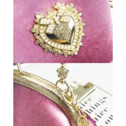 Women's Vintage Velvet Handbag with Gold Heart Embellishment and Chain Strap, Elegant Evening Purse for Formal Events and Parties