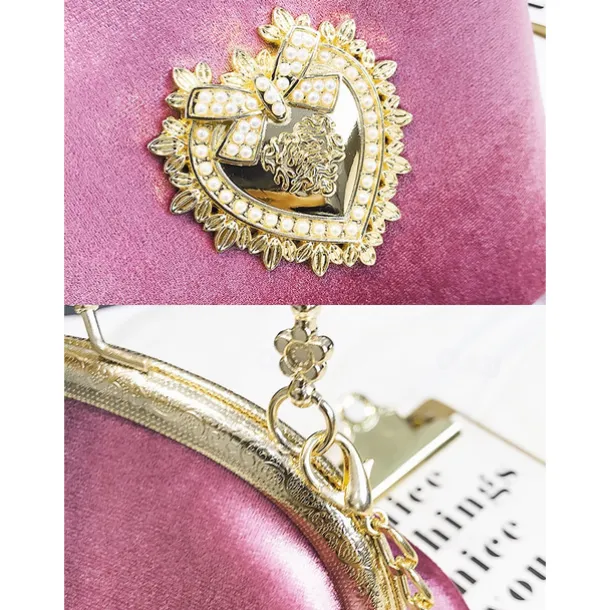 Women's Vintage Velvet Handbag with Gold Heart Embellishment and Chain Strap, Elegant Evening Purse for Formal Events and Parties