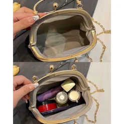 Women's Vintage Velvet Handbag with Gold Heart Embellishment and Chain Strap, Elegant Evening Purse for Formal Events and Parties