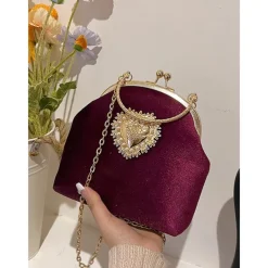 Women's Vintage Velvet Handbag with Gold Heart Embellishment and Chain Strap, Elegant Evening Purse for Formal Events and Parties