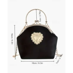 Women's Vintage Velvet Handbag with Gold Heart Embellishment and Chain Strap, Elegant Evening Purse for Formal Events and Parties