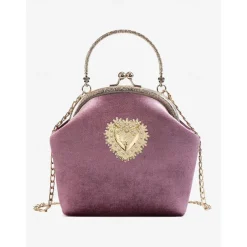 Women's Vintage Velvet Handbag with Gold Heart Embellishment and Chain Strap, Elegant Evening Purse for Formal Events and Parties
