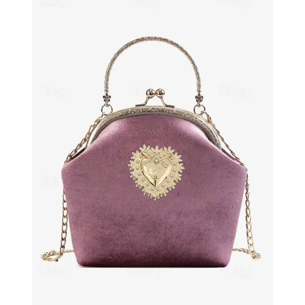 Women's Vintage Velvet Handbag with Gold Heart Embellishment and Chain Strap, Elegant Evening Purse for Formal Events and Parties