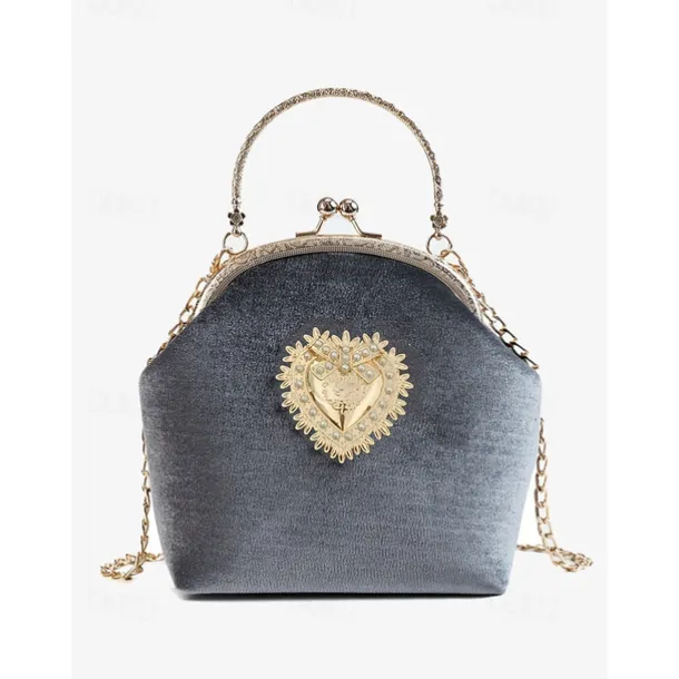 Women's Vintage Velvet Handbag with Gold Heart Embellishment and Chain Strap, Elegant Evening Purse for Formal Events and Parties