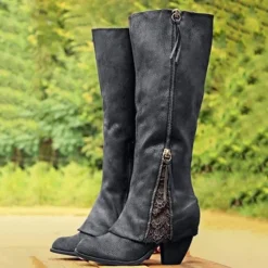 Women's Vintage Western Boots with Lace Detailing and Side Zipper, Mid-Calf Suede Boots for Casual and Country Style