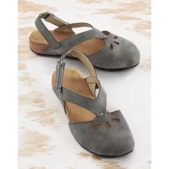 Women's Vintage-Style Gray Suede Sandals with Cut-Out Design and Cork Sole - Comfortable and Stylish for Summer Wear