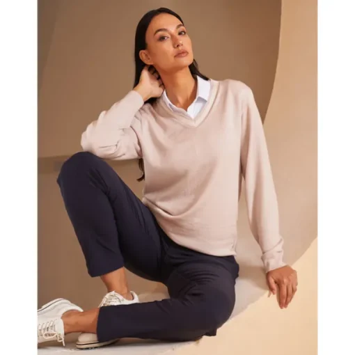Women's V-neck Knitted Sweater Long Sleeve Top Winter Warm Sweater Ladies Golf Attire Clothes Outfits Wear Apparel
