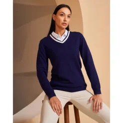Women's V-neck Knitted Sweater Long Sleeve Top Winter Warm Sweater Ladies Golf Attire Clothes Outfits Wear Apparel