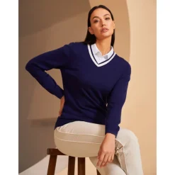 Women's V-neck Knitted Sweater Long Sleeve Top Winter Warm Sweater Ladies Golf Attire Clothes Outfits Wear Apparel