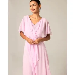 Women's Wedding Guest Cocktail Dress Chiffon Lace Split Elegant Formal A Line Maxi Dress V Neck Short Sleeve Pink Color