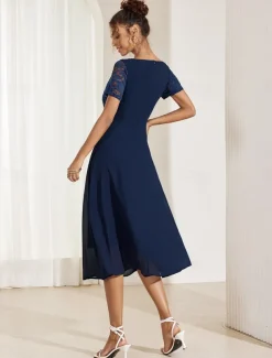 Women's Wedding Guest Cocktail Dress Chiffon Contrast Lace Ruffle Hem Elegant Formal Midi A Line Dress Crew Neck Short Sleeve Dark Blue Color