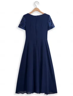 Women's Wedding Guest Cocktail Dress Chiffon Contrast Lace Ruffle Hem Elegant Formal Midi A Line Dress Crew Neck Short Sleeve Dark Blue Color