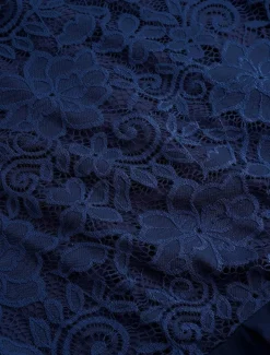 Women's Wedding Guest Cocktail Dress Chiffon Contrast Lace Ruffle Hem Elegant Formal Midi A Line Dress Crew Neck Short Sleeve Dark Blue Color