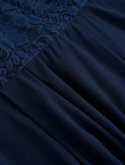 Women's Wedding Guest Cocktail Dress Chiffon Contrast Lace Ruffle Hem Elegant Formal Midi A Line Dress Crew Neck Short Sleeve Dark Blue Color