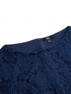 Women's Wedding Guest Cocktail Dress Chiffon Contrast Lace Ruffle Hem Elegant Formal Midi A Line Dress Crew Neck Short Sleeve Dark Blue Color