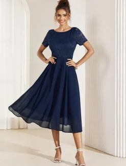 Women's Wedding Guest Cocktail Dress Chiffon Contrast Lace Ruffle Hem Elegant Formal Midi A Line Dress Crew Neck Short Sleeve Dark Blue Color