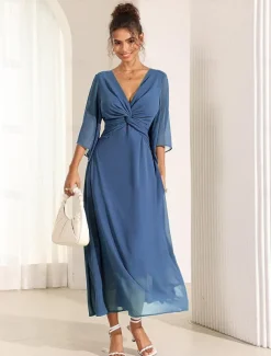 Women's Wedding Guest Cocktail Dress Chiffon Plain Ruffle Twisted Elegant Summer Maxi Dress V Neck Flared 3/4 Length Sleeve