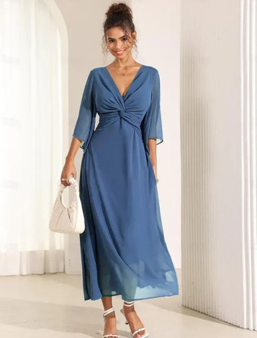 Women's Wedding Guest Cocktail Dress Chiffon Plain Ruffle Twisted Elegant Summer Maxi Dress V Neck Flared 3/4 Length Sleeve