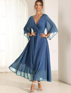 Women's Wedding Guest Cocktail Dress Chiffon Plain Ruffle Twisted Elegant Summer Maxi Dress V Neck Flared 3/4 Length Sleeve