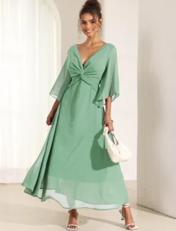 Women's Wedding Guest Cocktail Dress Chiffon Plain Ruffle Twisted Elegant Summer Maxi Dress V Neck Flared 3/4 Length Sleeve