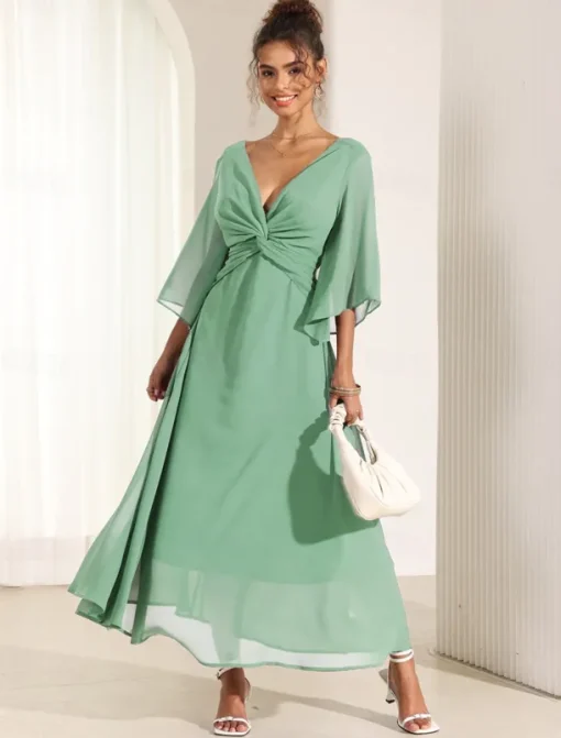 Women's Wedding Guest Cocktail Dress Chiffon Plain Ruffle Twisted Elegant Summer Maxi Dress V Neck Flared 3/4 Length Sleeve