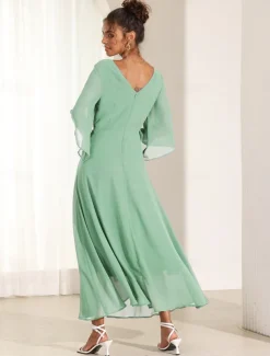 Women's Wedding Guest Cocktail Dress Chiffon Plain Ruffle Twisted Elegant Summer Maxi Dress V Neck Flared 3/4 Length Sleeve