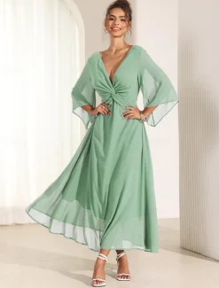Women's Wedding Guest Cocktail Dress Chiffon Plain Ruffle Twisted Elegant Summer Maxi Dress V Neck Flared 3/4 Length Sleeve