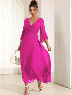 Women's Wedding Guest Cocktail Dress Chiffon Plain Ruffle Twisted Elegant Summer Maxi Dress V Neck Flared 3/4 Length Sleeve