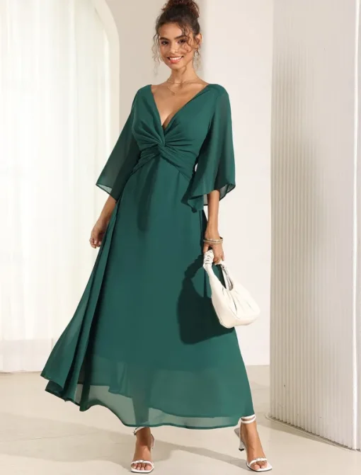 Women's Wedding Guest Cocktail Dress Chiffon Plain Ruffle Twisted Elegant Summer Maxi Dress V Neck Flared 3/4 Length Sleeve