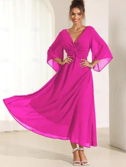 Women's Wedding Guest Cocktail Dress Chiffon Plain Ruffle Twisted Elegant Summer Maxi Dress V Neck Flared 3/4 Length Sleeve