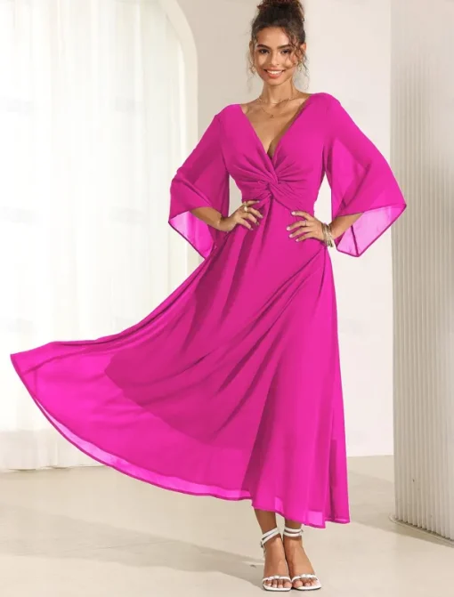 Women's Wedding Guest Cocktail Dress Chiffon Plain Ruffle Twisted Elegant Summer Maxi Dress V Neck Flared 3/4 Length Sleeve