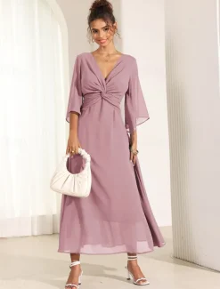 Women's Wedding Guest Cocktail Dress Chiffon Plain Ruffle Twisted Elegant Summer Maxi Dress V Neck Flared 3/4 Length Sleeve