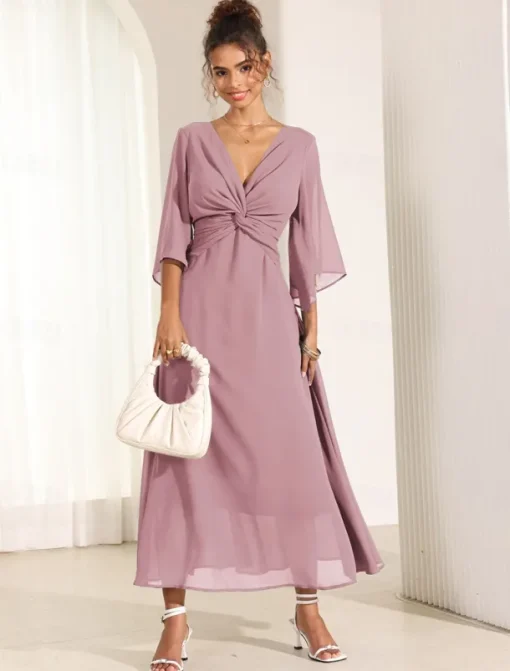 Women's Wedding Guest Cocktail Dress Chiffon Plain Ruffle Twisted Elegant Summer Maxi Dress V Neck Flared 3/4 Length Sleeve